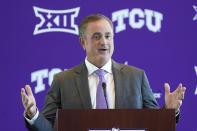 New TCU NCAA college football head coach Sonny Dykes speaks during an introductory news conference in Fort Worth, Texas, Tuesday, Nov. 30, 2021. (AP Photo/LM Otero)