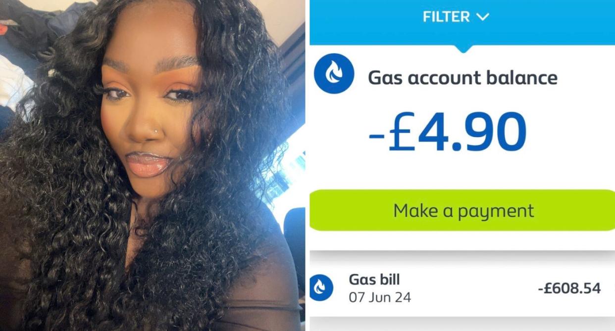 Danielle Mason and a screenshot of her gas account balance of £4.90 and the £608.54 bill written below the new balance.