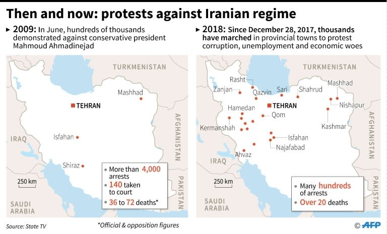 Maps comparing unrest in Iran in 2009 and now