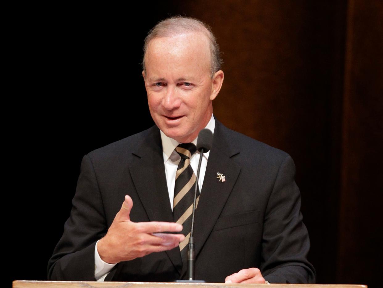 Mitch Daniels speaks after being named as the next president of Purdue University by the school's trustees in West Lafayette, Indiana on June 21, 2012.