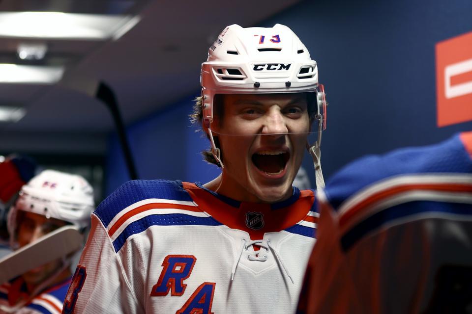 PHILADELPHIA, PENNSYLVANIA - FEBRUARY 24: Matt Rempe #73 of the New York Rangers reacts before playing against the Philadelphia Flyers at the Wells Fargo Center on February 24, 2024 in Philadelphia, Pennsylvania.