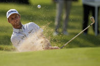 Will Zalatoris hits from the bunker on the 17th hole during the final round of the PGA Championship golf tournament at Southern Hills Country Club, Sunday, May 22, 2022, in Tulsa, Okla. (AP Photo/Eric Gay)