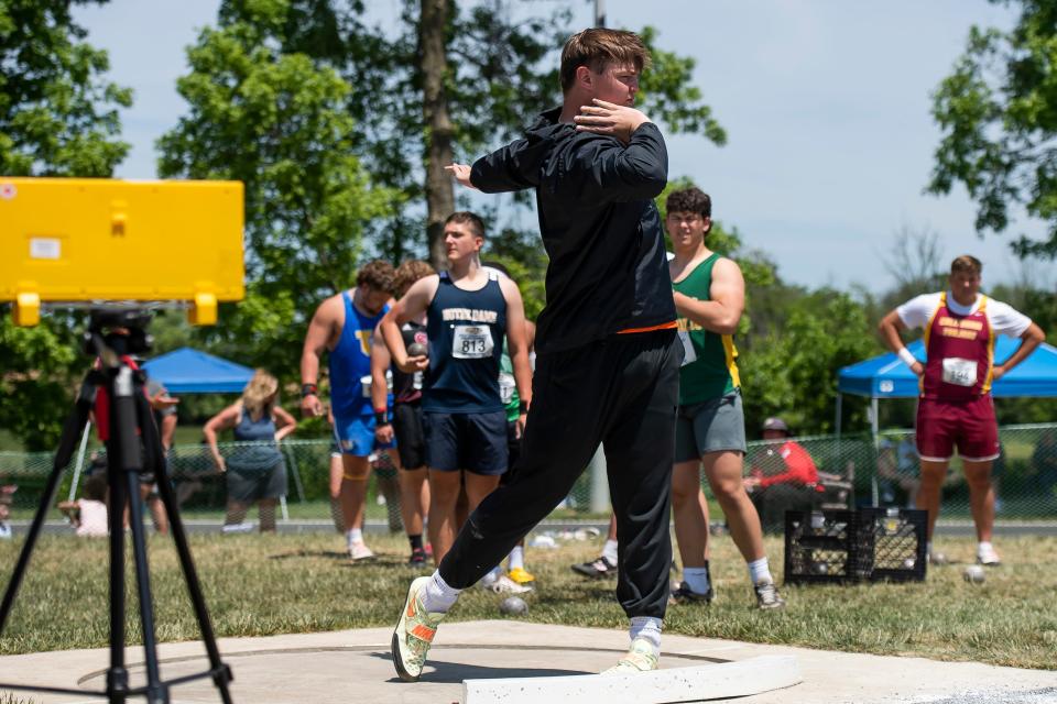 Harbor Creek's Nick Krahe warms up in the Class 2A shot put competition at the PIAA track and field championships at Shippensburg University on Saturday. Krahe finished in fifth place with a mark of 52 feet 1 inch.