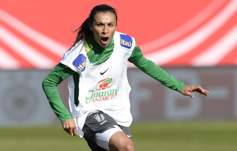 Brazil's national football forward Marta reacts during team training in Fuerth on April 7, 2015