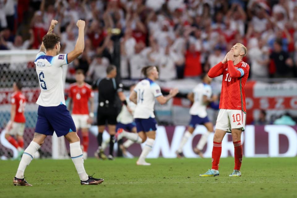 Aaron Ramsey of Wales reacts after England’s scored their third goal (Getty)