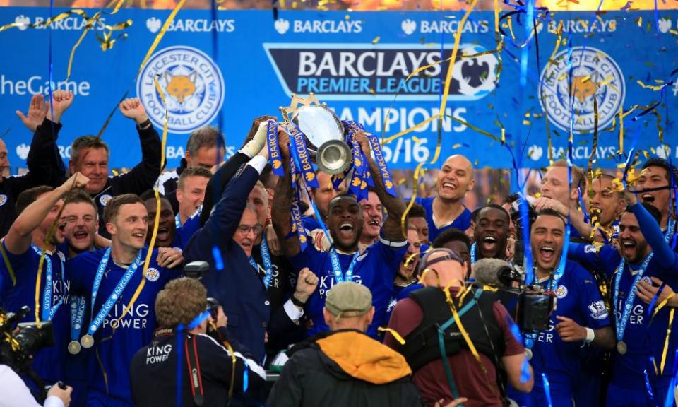 Leicester celebrate after winning the Premier League in 2016.
