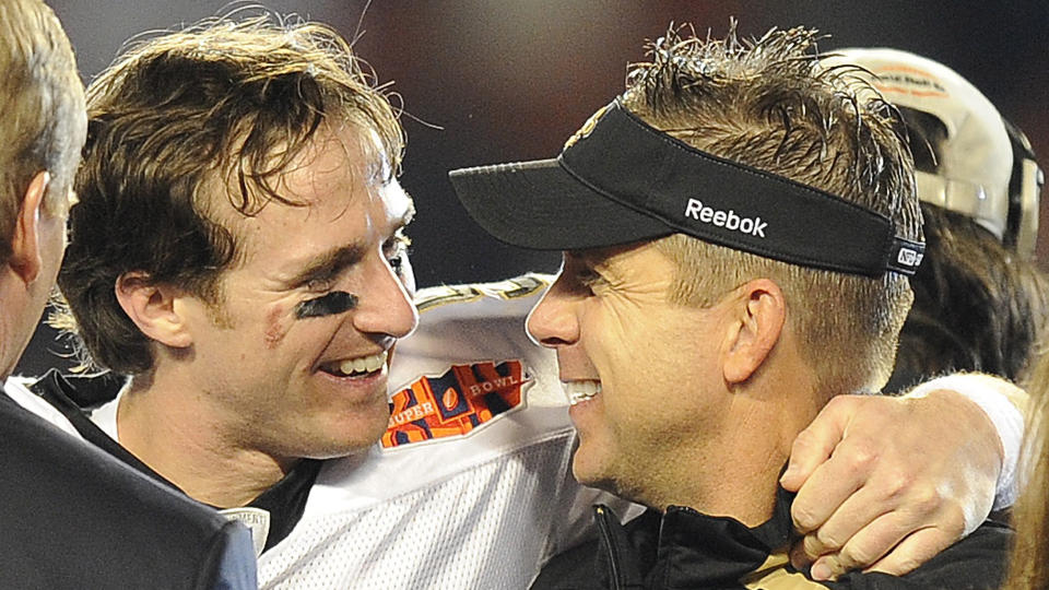 Mandatory Credit: Photo by John G Mabanglo/EPA/Shutterstock (7717482g)New Orleans Saints Quarterback Drew Brees (l) and Head Coach Sean Payton (r) Celebrate After the Saints Defeated the Colts 31-17 in Super Bowl Xliv at Sun Life Stadium in Miami Florida Usa 07 February 2010 United States MiamiUsa American Football Super Bowl - Feb 2010.