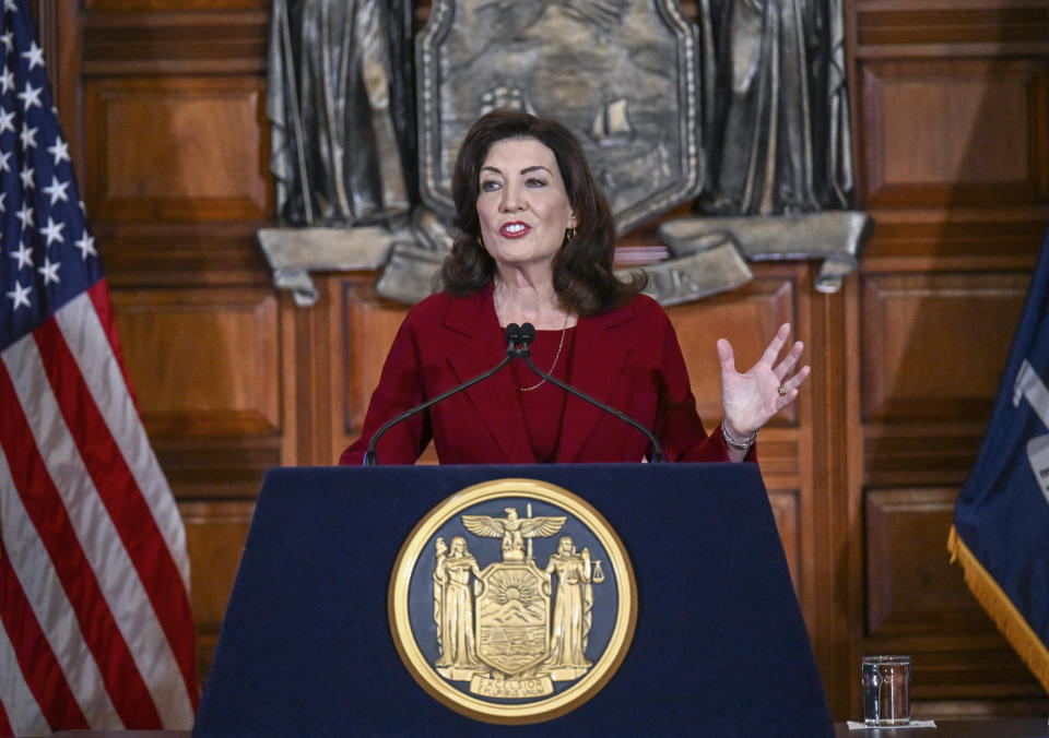 New York Gov. Kathy Hochul presents her executive state budget in the Red Room at the state Capitol Wednesday, Feb. 1, 2023, in Albany, N.Y. (AP Photo/Hans Pennink)