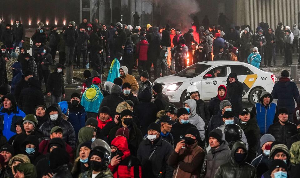 Protesters take part in a rally over a hike in energy prices in Almaty on January 5 as an uprising kicked off. Source: Getty