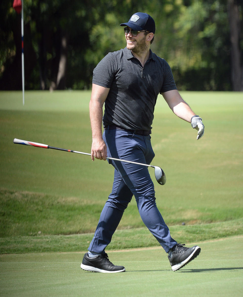 <p>Chris Pratt hits the golf course with friends in Los Angeles on Aug. 4. </p>