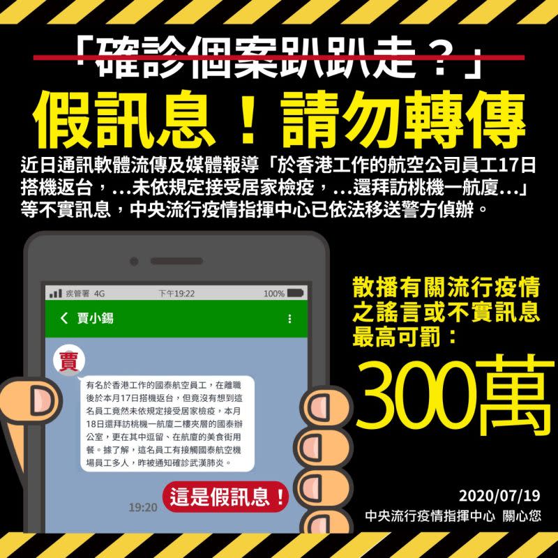 ▲指揮中心澄清網上流傳的「案455未確診前趴趴走」消息為假訊息，提醒民眾勿轉傳以免觸法。（圖／指揮中心提供）