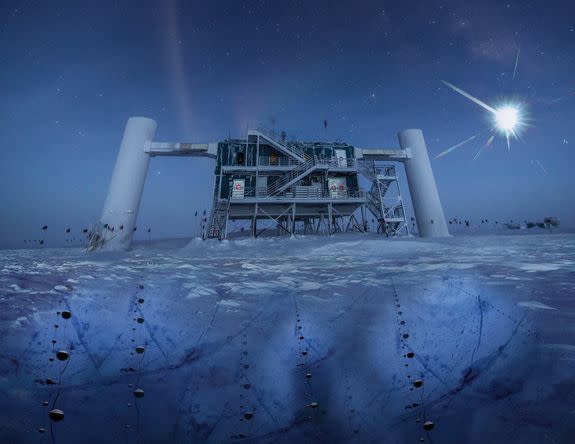 An artist's rendering of the IceCube lab, as an energy source approaches in the South Pole sky.