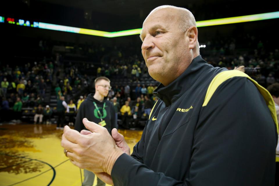 Oregon head coach Kelly Graves walks off the court after the Oregon Ducks defeated the No. 14 Arizona Wildcats on Feb. 23 at Matthew Knight Arena in Eugene.