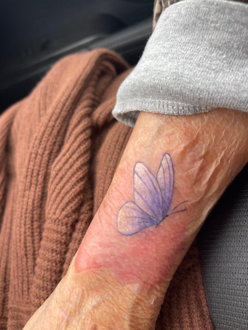 GennaSue Longshore of Victorville celebrated her 80th birthday by getting her first tattoo. The design she chose from Art Junkies Tattoo Studio was a purple butterfly.