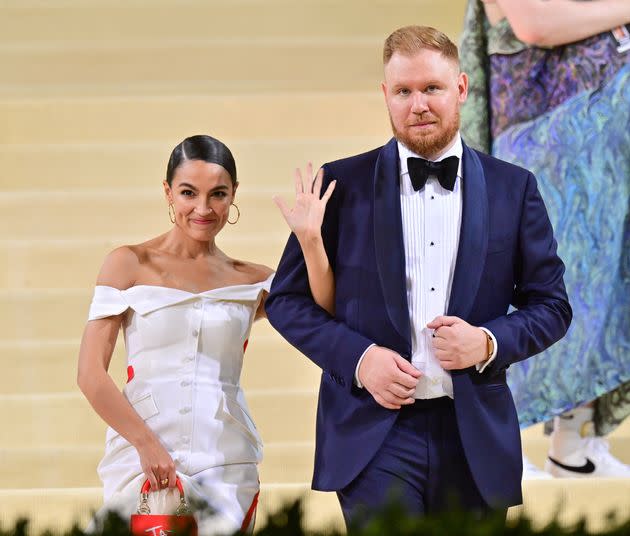 Rep. Alexandria Ocasio-Cortez is seen with her partner Riley Roberts at the 2021 Met Gala in New York City.  (Photo: James Devaney via Getty Images)