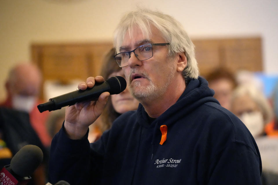 CAPTION CORRECTION CORRECTS NAME: Arthur Barnard, the father of Lewiston, Maine mass shooting victim Arthur Strout, speaks at an anti-gun demonstration at the State House, Wednesday, Jan. 3, 2024, in Augusta, Maine. (AP Photo/Robert F. Bukaty)