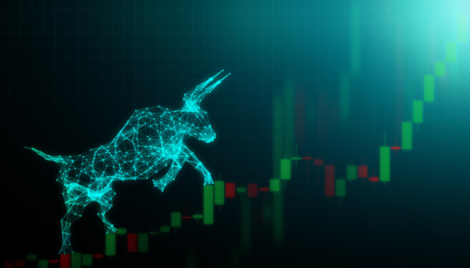 A bull climbing up a stock chart.