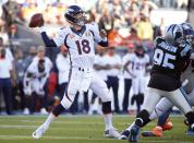 Denver Broncos' quarterback Peyton Manning throws a pass against the Carolina Panthers during the first quarter of the NFL's Super Bowl 50 football game in Santa Clara, California February 7, 2016. REUTERS/Mike Blake