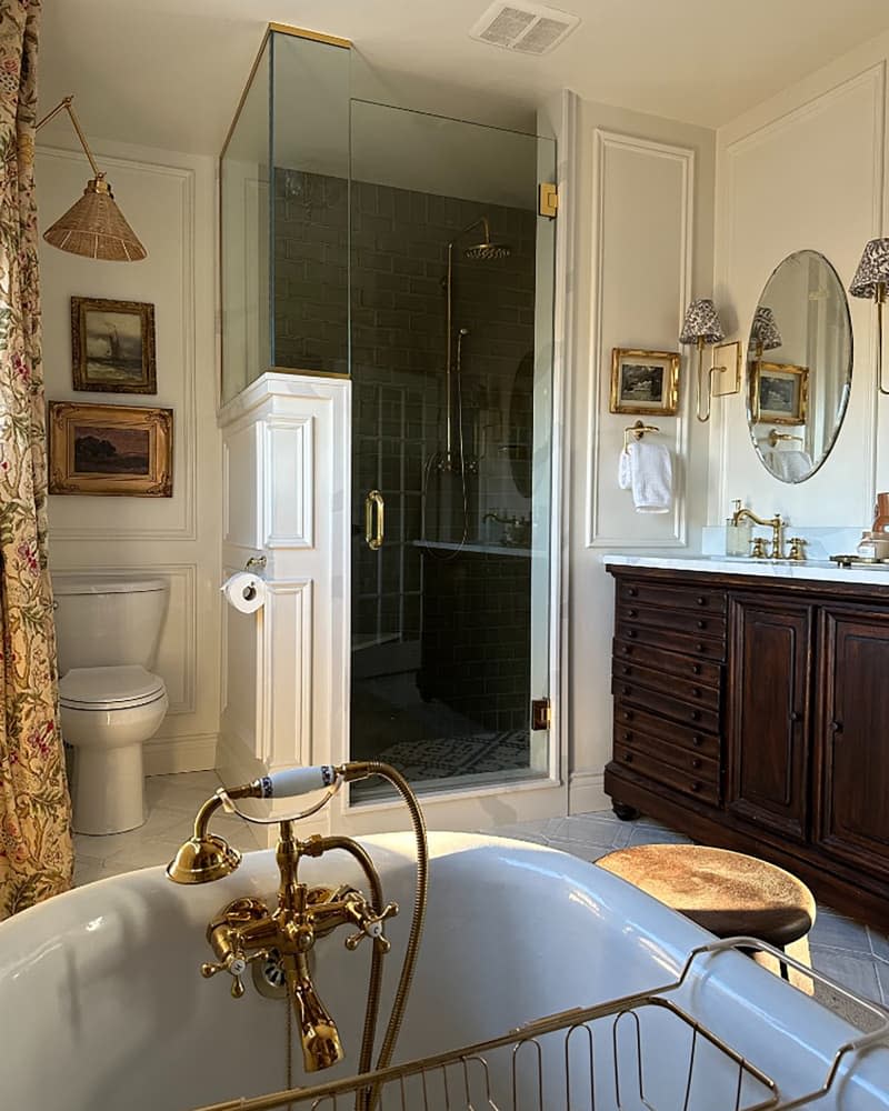 Glass shower door in newly renovated bathroom.