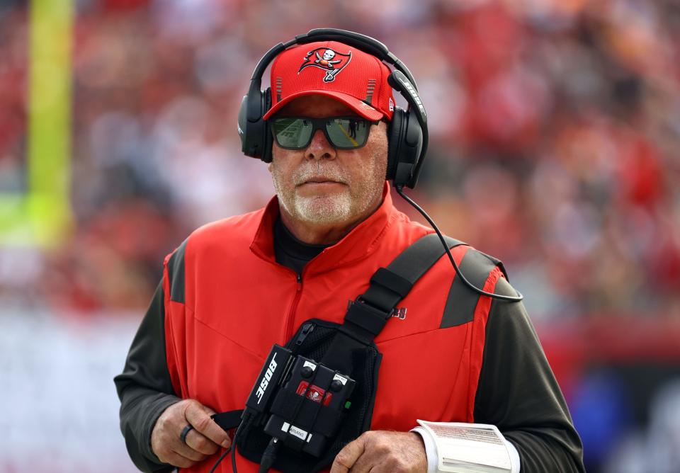 Tampa Bay Buccaneers head coach Bruce Arians against the Philadelphia Eagles during the first half in a NFC Wild Card playoff football game at Raymond James Stadium.