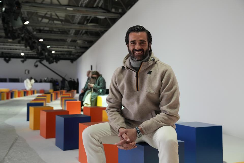 Lorenzo Boglione, VP of Sales and member of the K-Way Board of Directors poses prior to the start of the K-Way men's Fall-Winter 2022-23 fashion show, unveiled during the Fashion Week in Milan, Italy, Monday, Jan. 17, 2022. (AP Photo/Antonio Calanni)