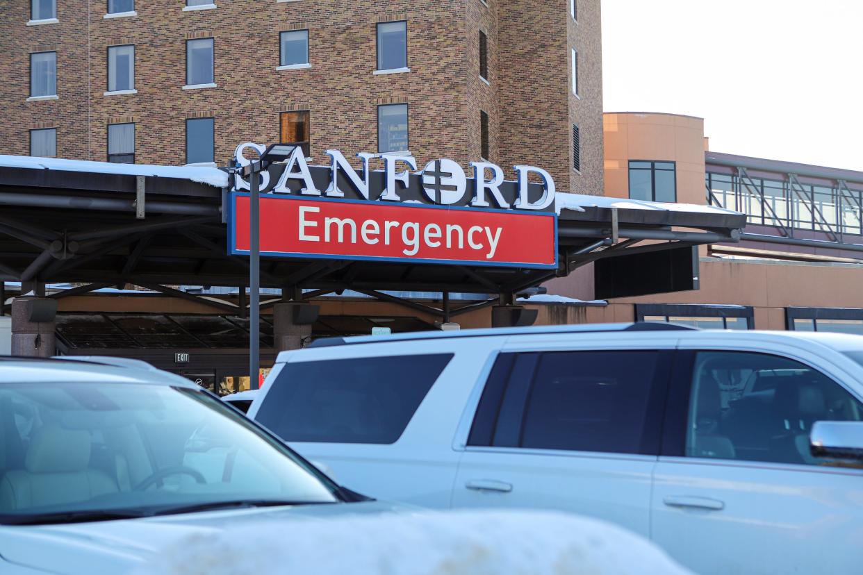 The emergency entrance at Sanford Health's main campus in Sioux Falls in January 2023.