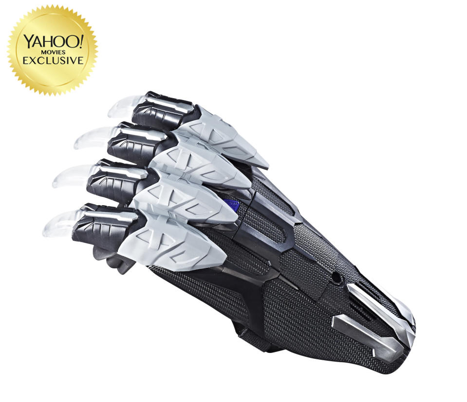 <p>“Battle like the warrior king Black Panther with this movie-inspired Vibranium Power FX Claw! This claw features slashing sound effects and lights that are activated with surface contact.” $19.99 (Photo: Hasbro) </p>