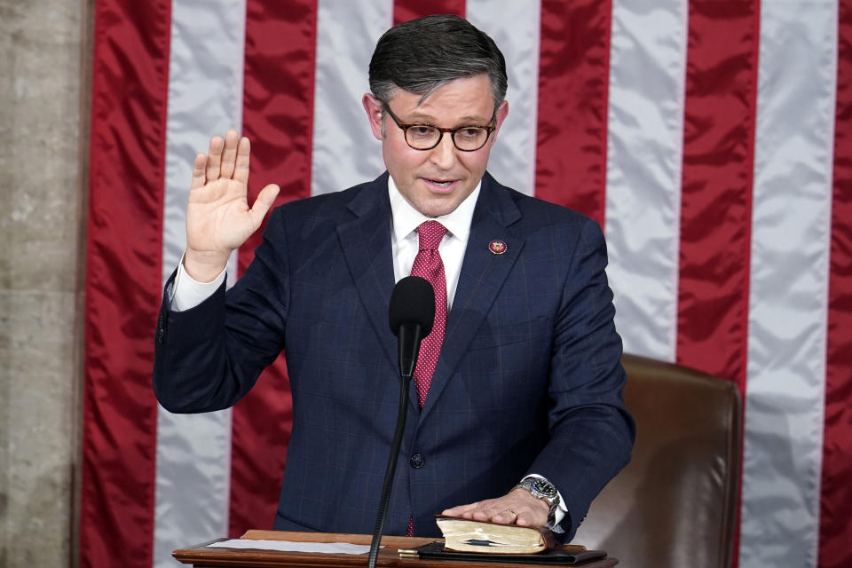 FILE - Rep. Mike Johnson, R-La., takes the oath to be the new House speaker from the Dean of the House Rep. Hal Rogers, R-Ky., at the Capitol in Washington, Wednesday, Oct. 25, 2023. (AP Photo/Alex Brandon, FIle)