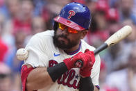 Philadelphia Phillies' Kyle Schwarber is struck by a pitch by Chicago Cubs' Justin Steele during the second inning of a baseball game, Sunday, May 21, 2023, in Philadelphia. (AP Photo/Matt Rourke)