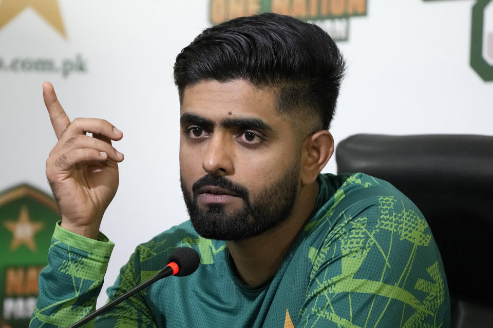 Pakistan's cricket team skipper Babar Azam gestures during a press conference regarding up coming Twenty20 series against Ireland, England and T20 World Cup, in Lahore, Pakistan, Monday, May 6, 2024. (AP Photo/K.M. Chaudary)