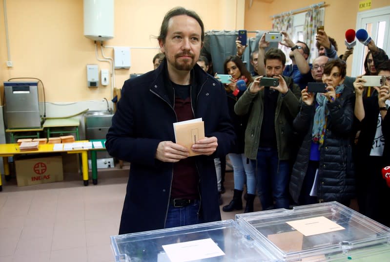 Unidas Podemos' candidate Pablos Iglesias votes in Spain's general election