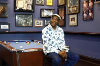 Buddy Guy poses for a portrait to promote the latest installment of the PBS biography series, “American Masters” on Wednesday, July 28, 2021, at his blues club Buddy Guy's Legends in Chicago. (AP Photo/Shafkat Anowar)