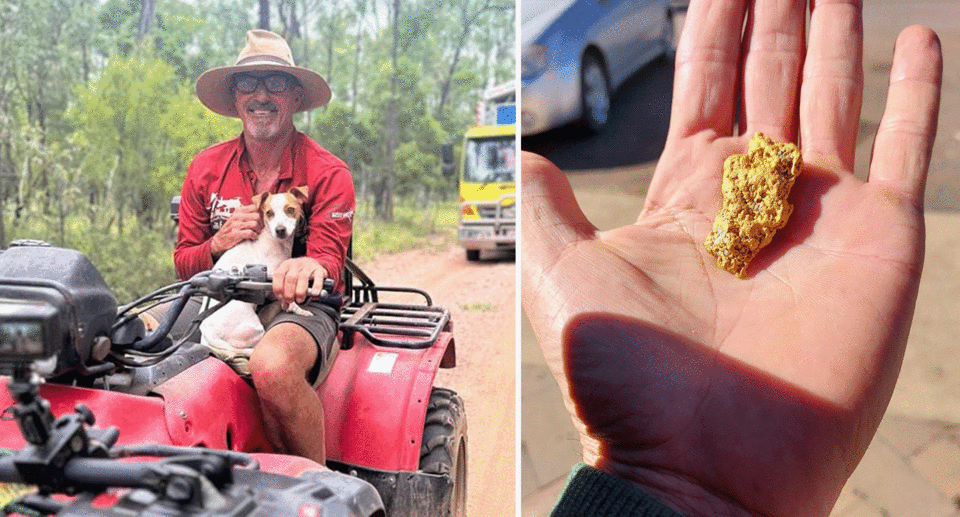 Left: Man wearing a hat sitting on a red quad bike with dog on lap. Right: Nugget of gold in man's hand.