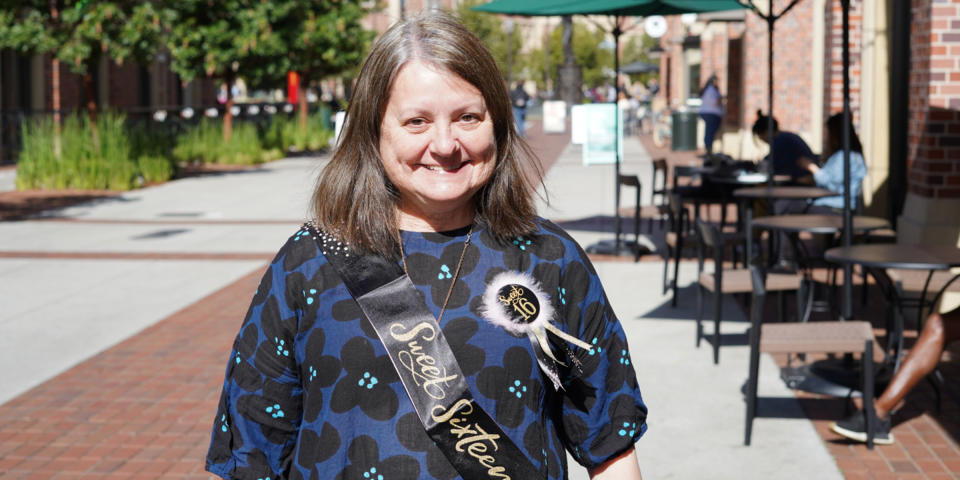 Nina Skoke Ito poses in California with her Sweet 16 sash and pin before heading to Florida to depart for the Bahamas cruise. (Samantha Kubota/NBC)