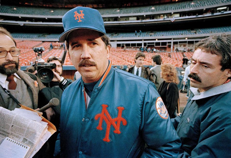 New York Mets Manager Davey Johnson talks with reporters prior to the opening game of the World Series between the Mets and the Boston Red Sox at Shea Stadium in New York, Oct. 18, 1986. (AP Photo/Paul Bemoit)