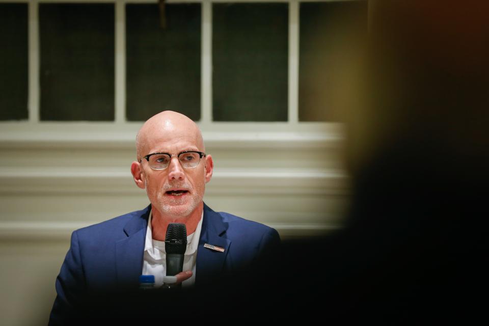 Zone 3 candidate David Nokes answers a question during the Neighborhood Advisory Council's City Council candidate forum at National Avenue Christian Church on Tuesday, March 7, 2023.