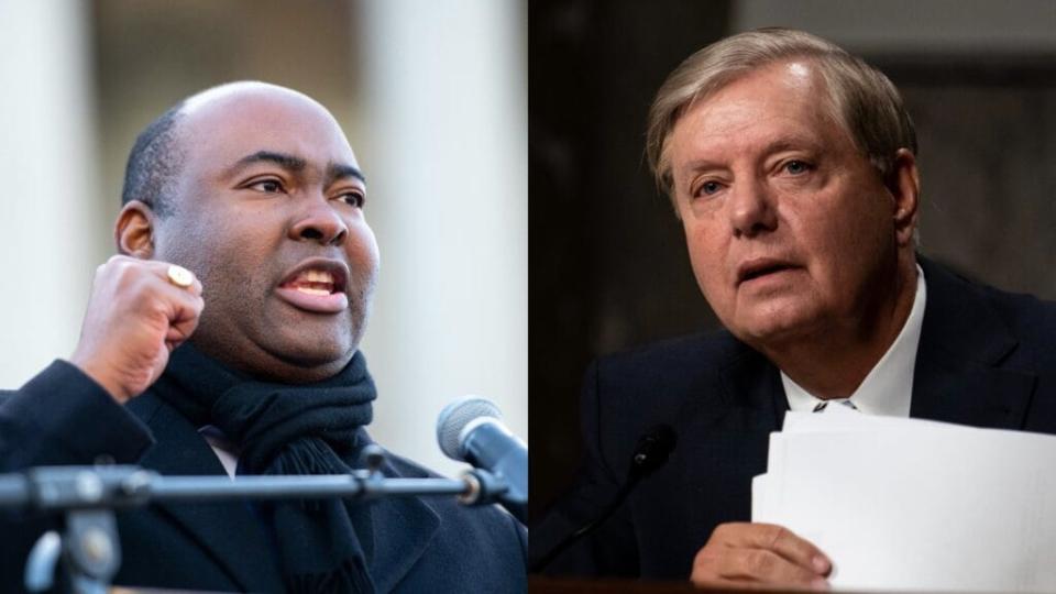 (L) U.S. senate candidate Jaime Harrison speaks to the crowd during the King Day celebration at the Dome March and rally on January 20, 2020 in Columbia, South Carolina. (Photo by Sean Rayford/Getty Images) (R)Committee Chairman Sen. Lindsey Graham (R-SC) speaks during a Senate Judiciary Committee hearing on “Oversight of the Crossfire Hurricane Investigation” on Capitol Hill on August 5, 2020 in Washington, DC. (Photo by Erin Schaff-Pool/Getty Images)