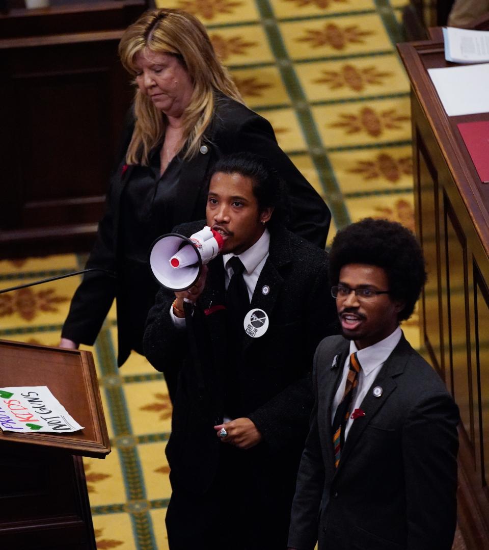 Reps. Gloria Johnson, D-Knoxville, Justin Jones, D-Nashville, and Justin Pearson, D-Memphis, last week in the House chamber.