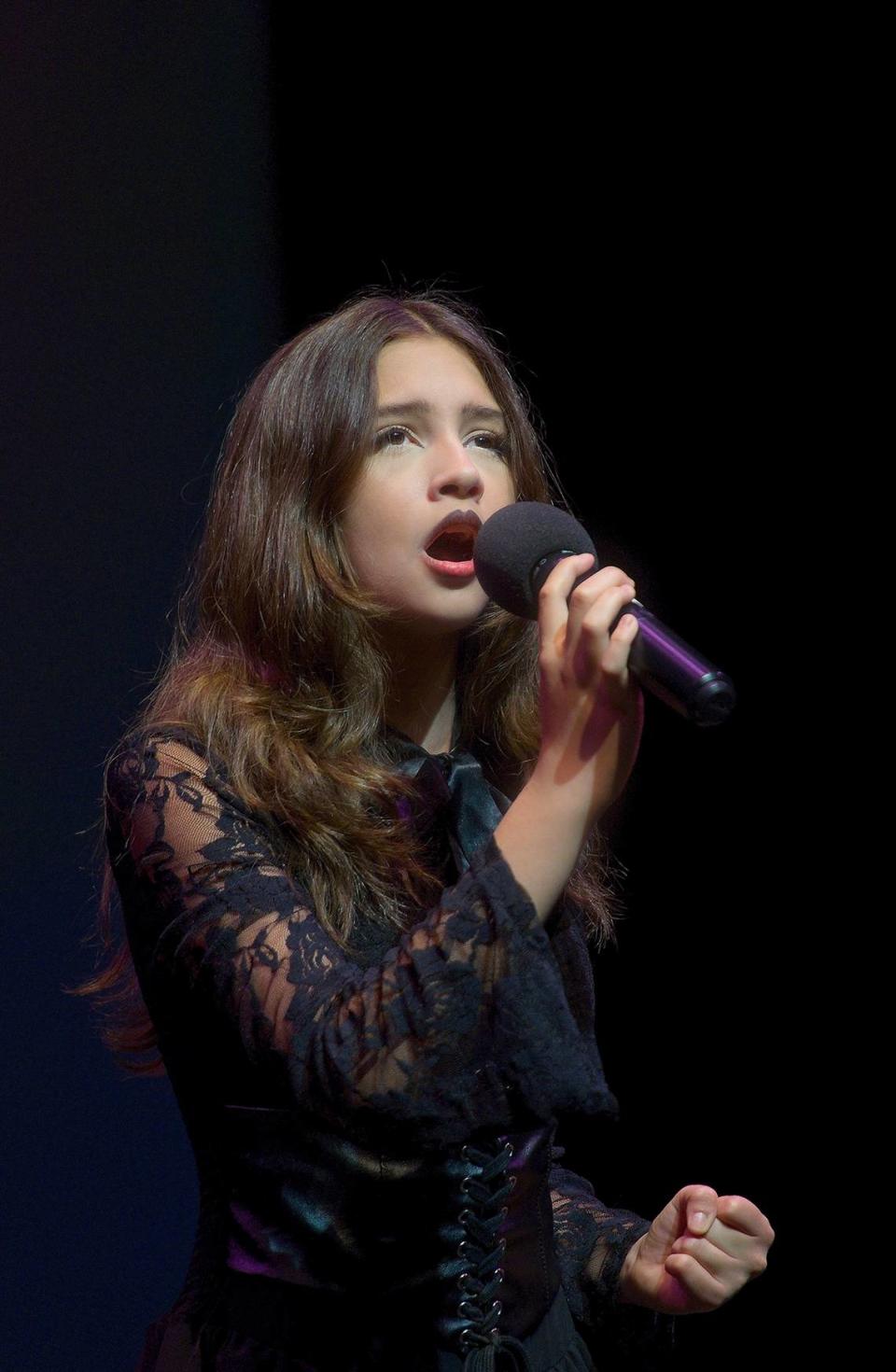 Stephanie Aguiar, 16, of Somerset Preparatory Academy performs in Young Talent Big Dreams 2024 finals competition on the Actors’ Playhouse stage at The Miracle Theatre in Coral Gables on May 11, 2024. Stephanie won for her performance in the Individual Vocal Broadway/Jazz/Classical category.