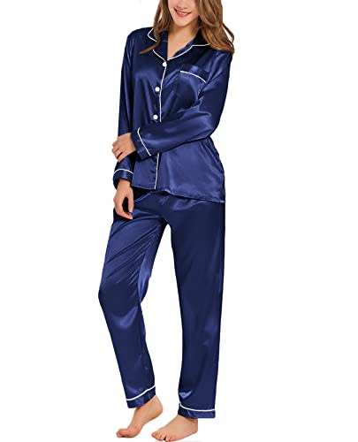 Silk Satin Pajamas Long Sleeve Loungewear Two-piece Sleepwear Button-Down Pj Set