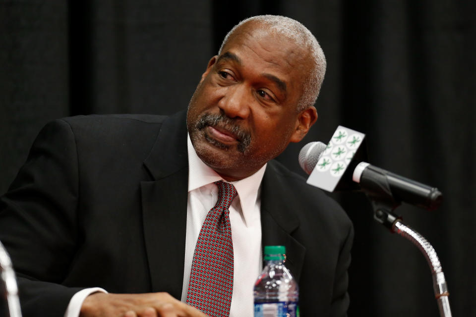 COLUMBUS, OH - DECEMBER 04:  Ohio State University athletics director Gene Smith listens during a press conference at Ohio State University on December 4, 2018 in Columbus, Ohio. At the press conference head coach Urban Meyer announced his retirement and offensive coordinator Ryan Day was announced as the next head coach. Meyer will continue to coach until after the Ohio State Buckeyes play in the Rose Bowl. (Photo by Kirk Irwin/Getty Images)