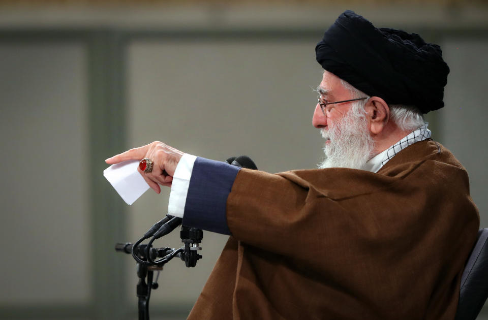 In this picture released by an official website of the office of the Iranian supreme leader, Supreme Leader Ayatollah Ali Khamenei speaks in a meeting with the country's top officials in Tehran, Iran, Tuesday, April 12, 2022. Iran's supreme leader on Tuesday insisted negotiations over Tehran's tattered nuclear deal “are going ahead properly,” even after repeated comments by American officials that an agreement to restore the accord may not happen. (Office of the Iranian Supreme Leader via AP)