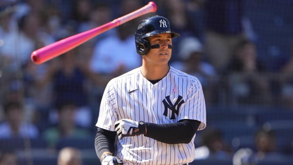 May 14, 2023; Bronx, New York, USA; New York Yankees first baseman Anthony Rizzo (48) tosses his bat after striking out during the seventh inning against the Tampa Bay Rays at Yankee Stadium.