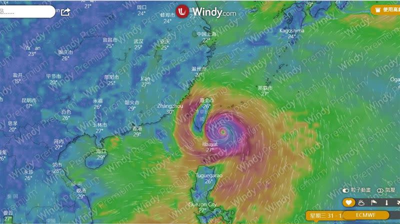 根據最新風場圖顯示，瑪娃颱風31日離台最近。（圖／翻攝自windy）