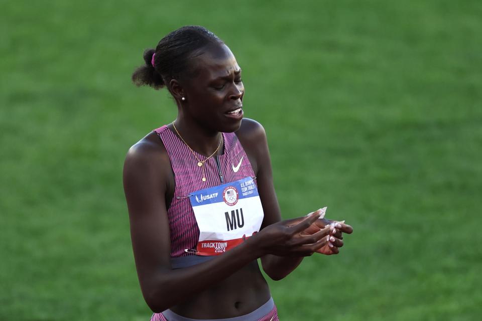 Athing Mu reacts after the women's 800-meter final.