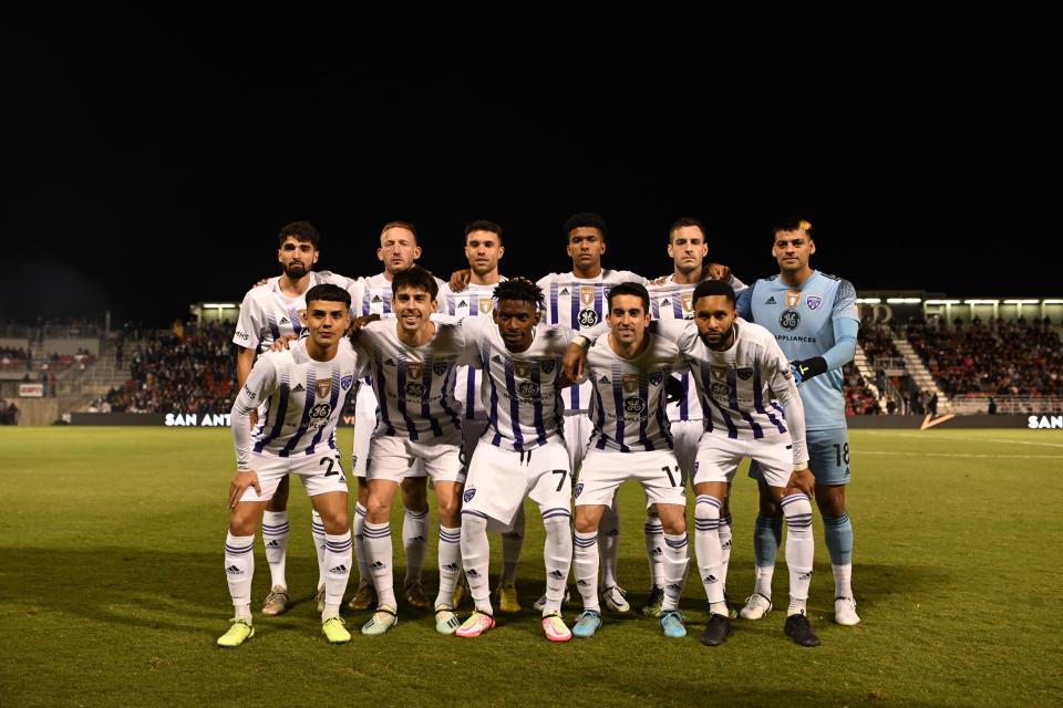 Louisville City FC's starters pose for a picture before the USL Championship Final soccer match on Sunday, Nov. 13, 2022, in San Antonio, Texas. The boys in purple fell 3-1 to San Antonio FC.