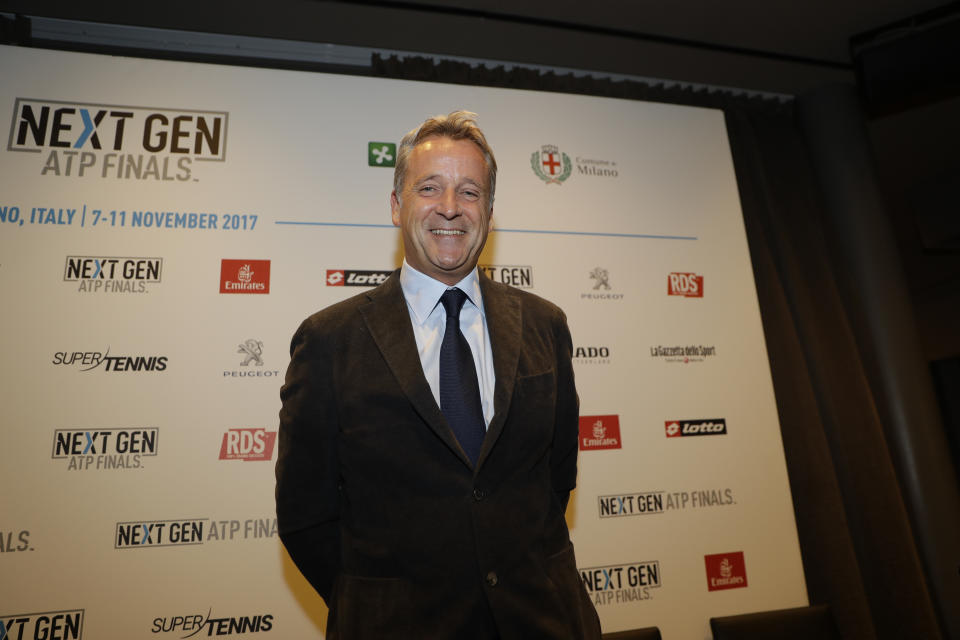 FILE - In this Monday, Nov. 6, 2017 filer, ATP President Chris Kermode smiles during a press conference to present the ATP Next Gen Finals tennis tournament, in Milan, Italy. (AP Photo/Luca Bruno)