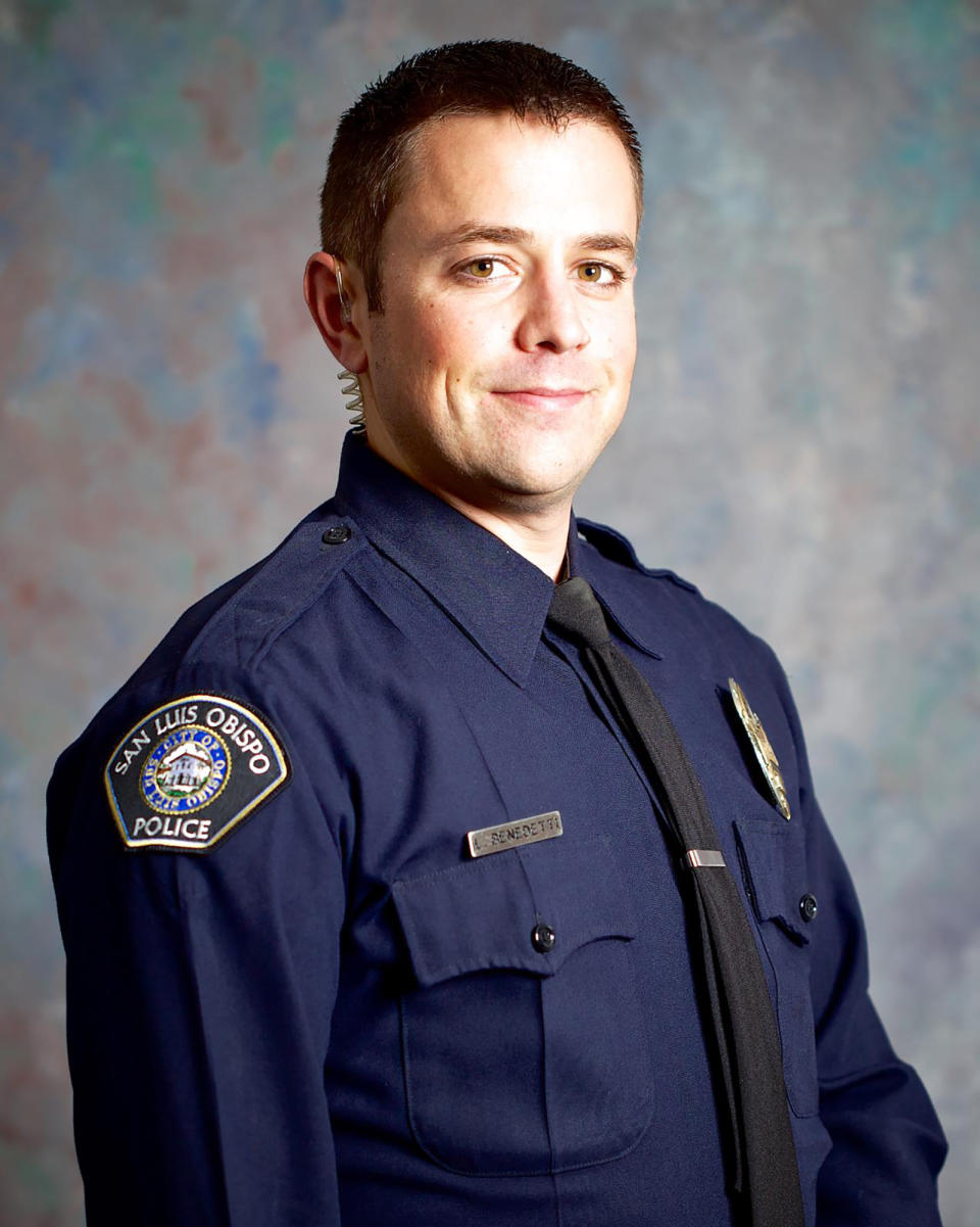 This undated photo provided by the San Luis Obispo, Calif., Police Department shows San Luis Obispo Police Det. Luca Benedetti, who was shot and killed while serving a search warrant, Monday, May 10, 2021, in a shootout in the Central Coast city, officials said Tuesday afternoon, May 11, 2021. A second officer, Det. Steve Orozco, who was injured in the shooting was released from the hospital and is expected to recover from his wounds. (San Luis Obispo Police Department via AP)