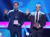 LAS VEGAS, NV - JUNE 20: Brian Elliott and Jaroslav Halak of the St. Louis Blues speak onstage after winning the William M. Jennings Trophy during the 2012 NHL Awards at the Encore Theater at the Wynn Las Vegas on June 20, 2012 in Las Vegas, Nevada. (Photo by Isaac Brekken/Getty Images)