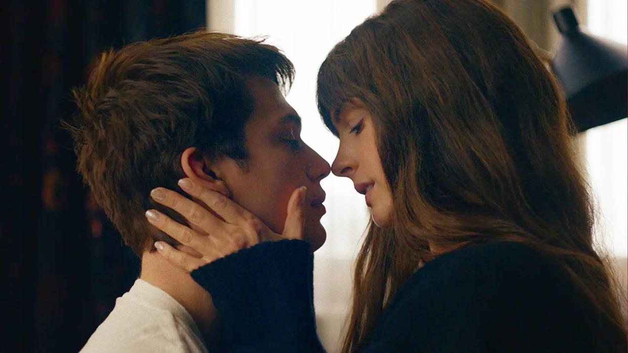  (L-R) Nicholas Galitzine as Hayes Campbell and Anne Hathaway as Solène Marchand in "The Idea of You" streaming Prime Video in May. 